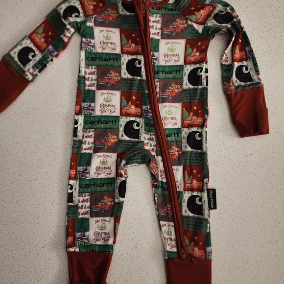 Carhartt Inspired Baby Festive Patchwork Bamboo Footie Pajama- Tree Farm - Picture 1 of 2